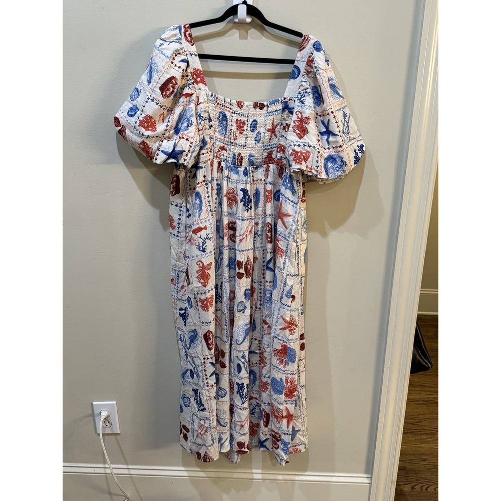 Nobody's Child Nova Print Puff Sleeve Maxi Dress Nautical Linen Beach Shells‎ - Picture 5 of 16